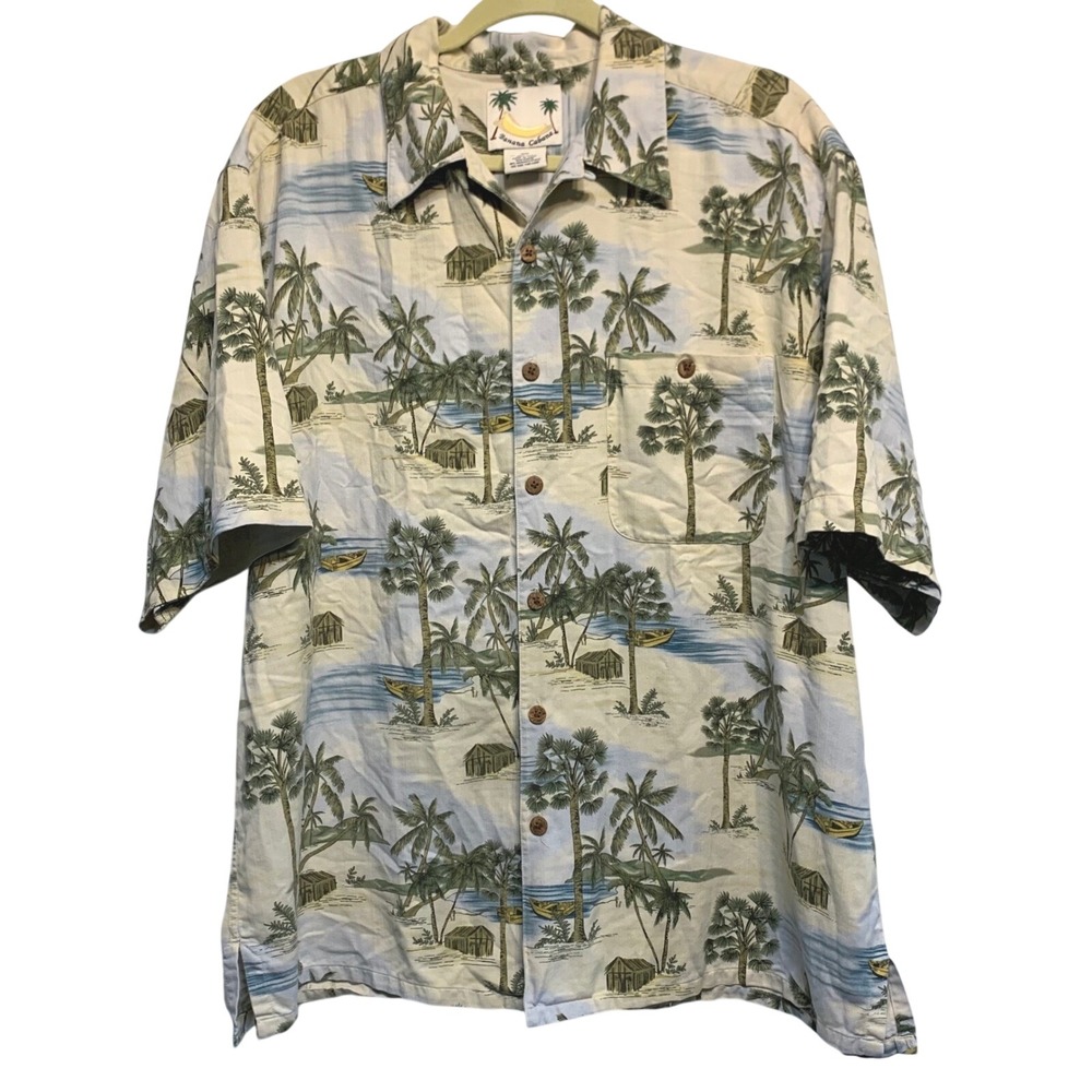 VTG Banana Cabana Silk Hawaiian Shirt XL Tropical‎ Palm Tree Island Wood Button